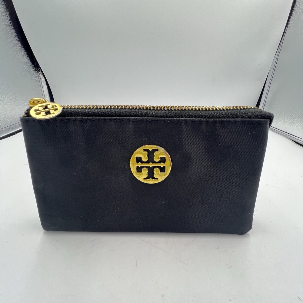 Tory Burch Black Nylon Zip Pouch Gold Logo Cosmetic Bag Zipper Flaw